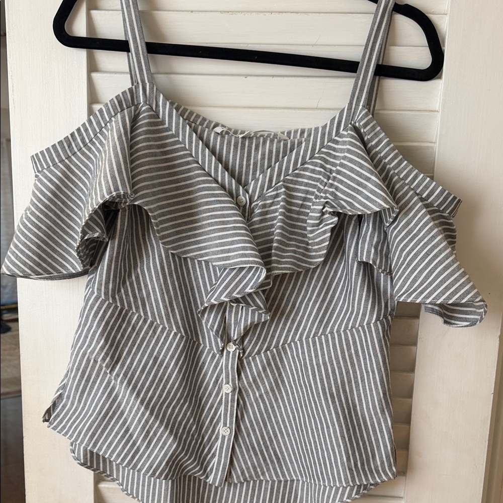 Veronica Beard Gray Striped Ruffle Blouse